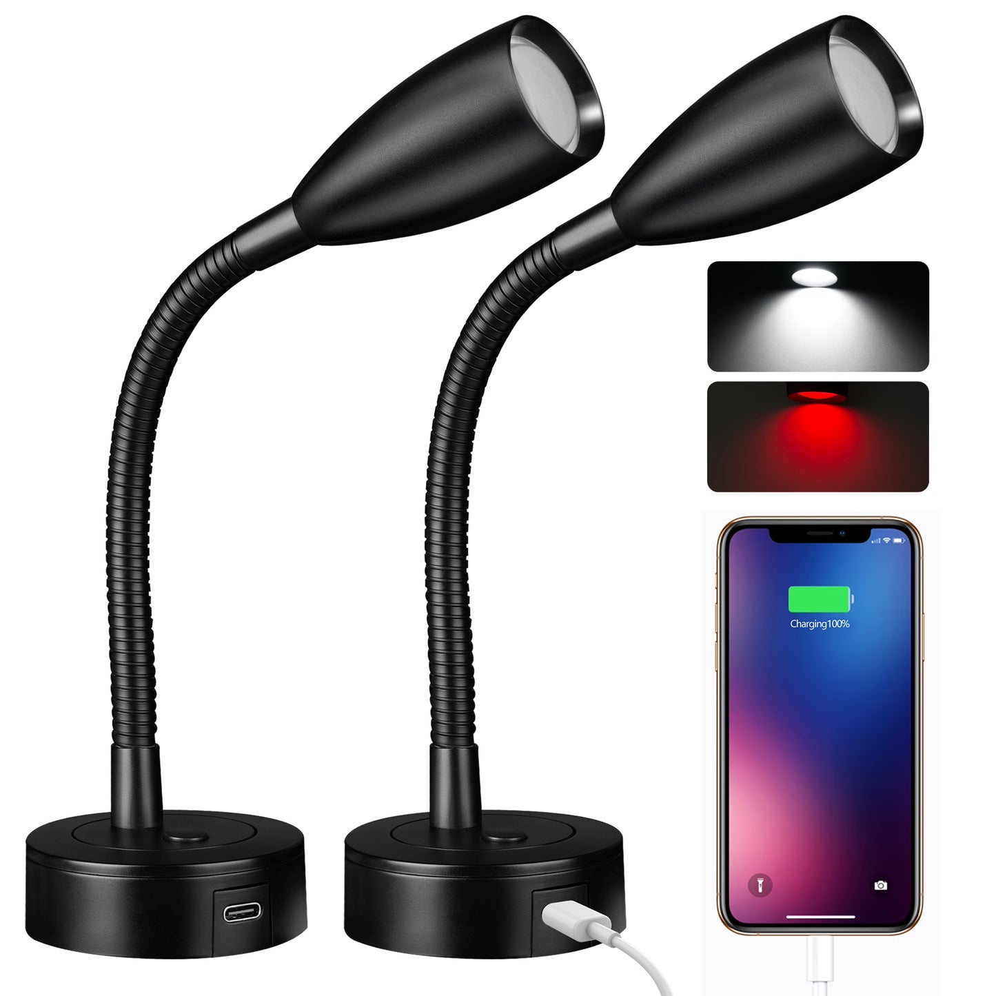 RV Reading Light, 12V LED Reading Light w/USB-C Charge Port, Red Night Light for Reading, Ideal for Camper Van Boat Bedside DC 12-24V Hard-Wired Wall Mount