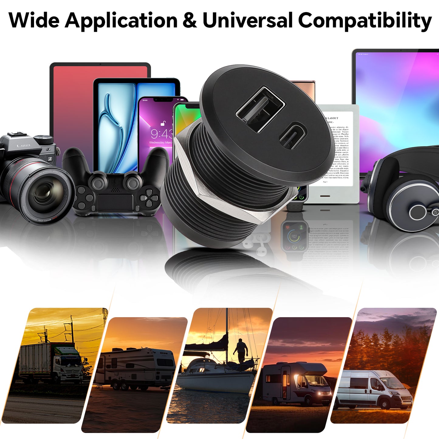 RV USB C Outlet 12V/24V All-aluminum QC 3.0 USB & PD 3.0 USB C 24W High-speed Charging Socket, Flush Mount USB Fast Charger for Caravan Van Car Boat Drill Hole 7/8 Inch (Nut Lock)