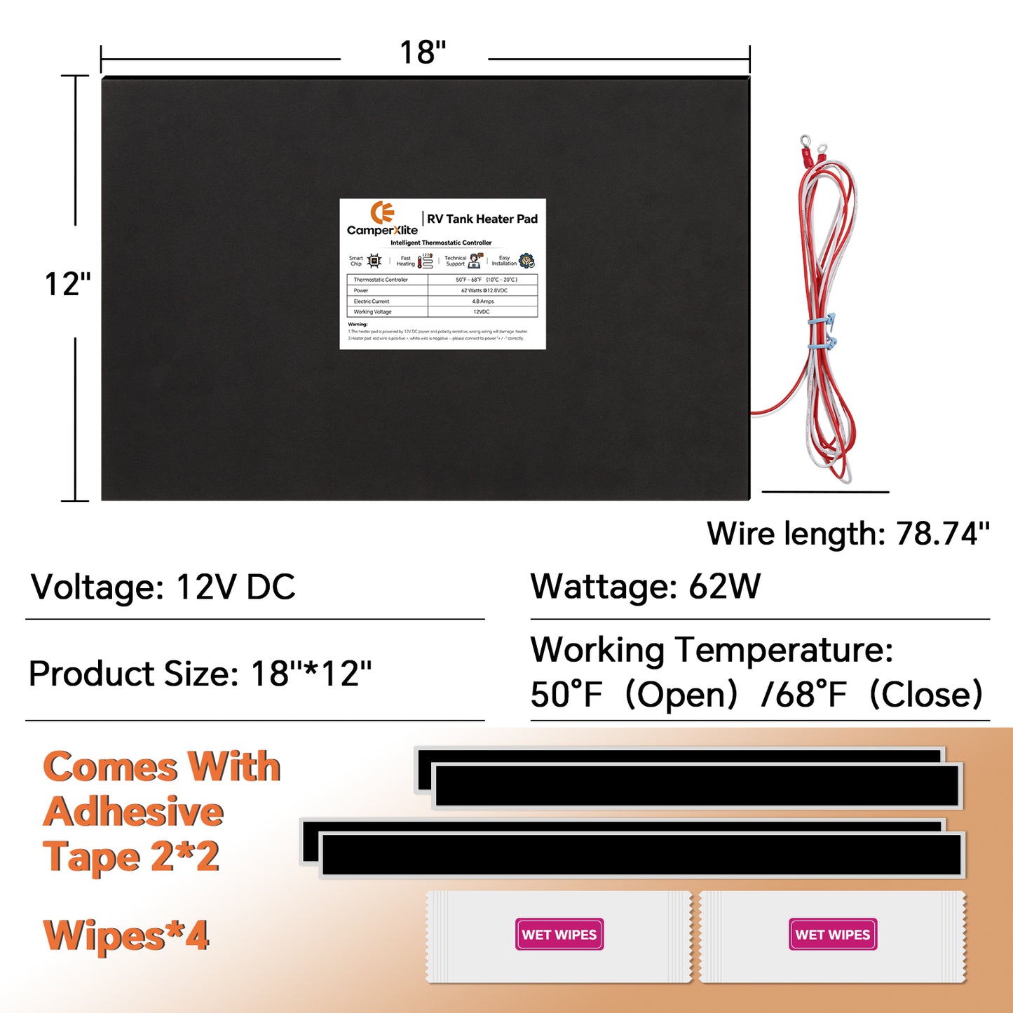 RV Tank Heater Pad with Automatic Thermostat, 12" x 18" 30cm (W) x 44cm (L) DC 12V Holding Tank Heater with Larger Heating Module Use with Up to 50 Gallons Fresh Water/Grey Water/Black Water Tank 2 Packs