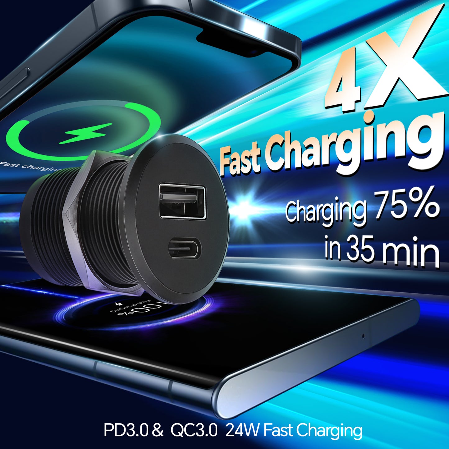 RV USB C Outlet 12V/24V All-aluminum QC 3.0 USB & PD 3.0 USB C 24W High-speed Charging Socket, Flush Mount USB Fast Charger for Caravan Van Car Boat Drill Hole 7/8 Inch (Nut Lock)