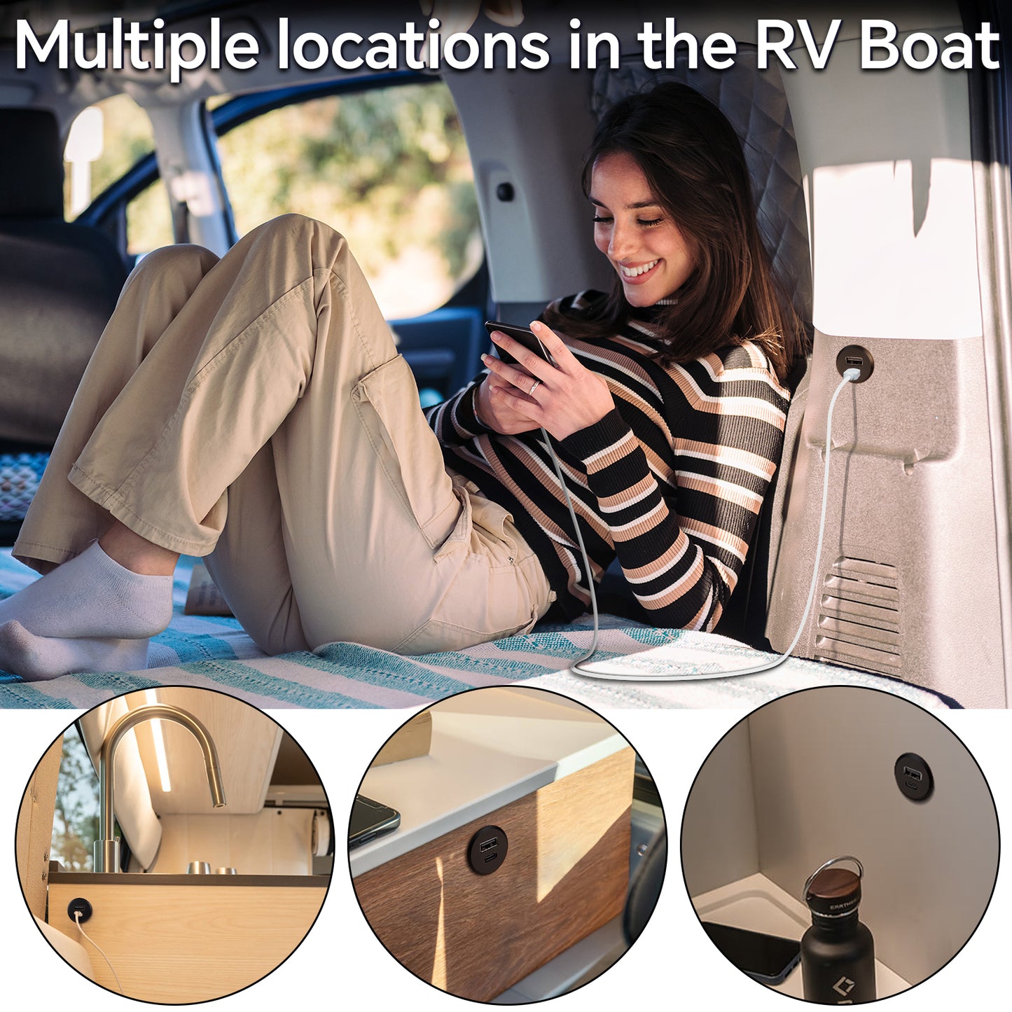 RV USB C Outlet 12V/24V All-aluminum QC 3.0 USB & PD 3.0 USB C 24W High-speed Charging Socket, Flush Mount USB Fast Charger for Caravan Van Car Boat Drill Hole 7/8 Inch (Nut Lock)