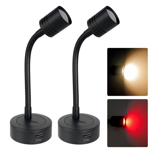 12V Reading Light Campervan, 3200K(Dimmable) & Soft Red Night Light, Equipped USB-A & USB-C Charger Gooseneck