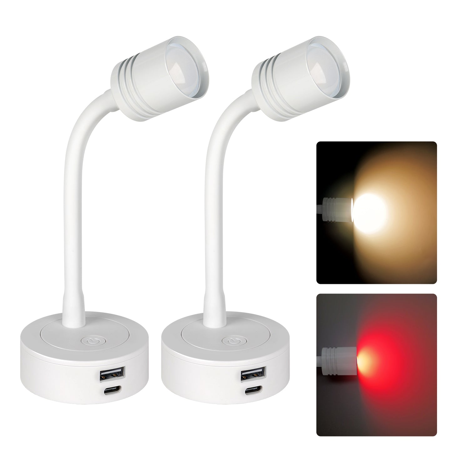 12V Reading Light Campervan, 3200K(Dimmable) & Soft Red Night Light, Equipped USB-A & USB-C Charger