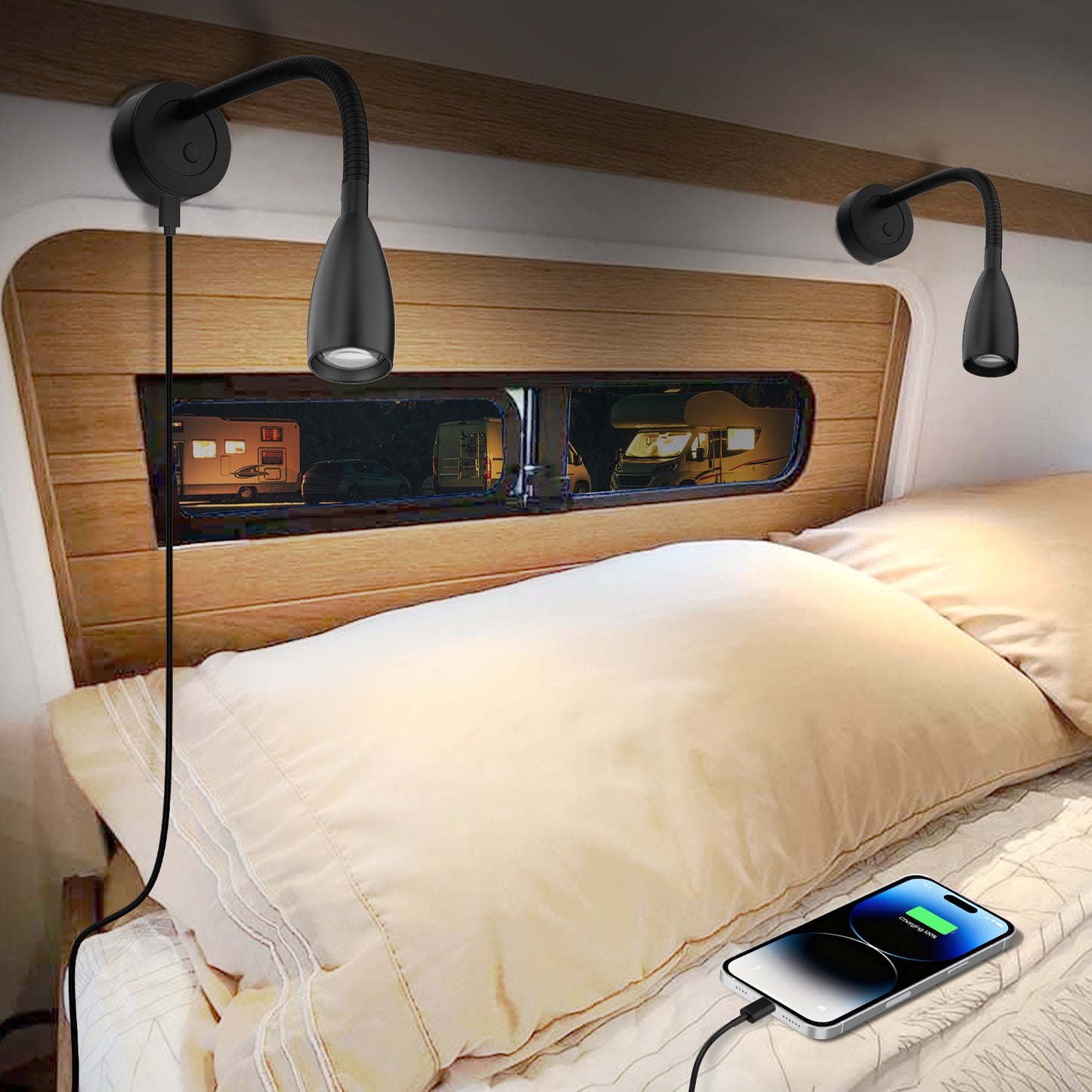 RV Reading Light, 12V LED Reading Light w/USB-C Charge Port, Red Night Light for Reading, Ideal for Camper Van Boat Bedside DC 12-24V Hard-Wired Wall Mount