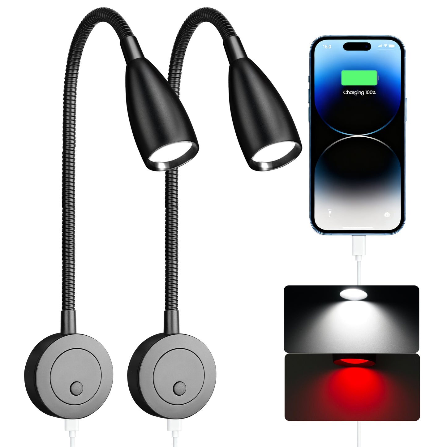 RV Reading Light, 12V LED Reading Light w/USB-C Charge Port, Red Night Light for Reading, Ideal for Camper Van Boat Bedside DC 12-24V Hard-Wired Wall Mount Long