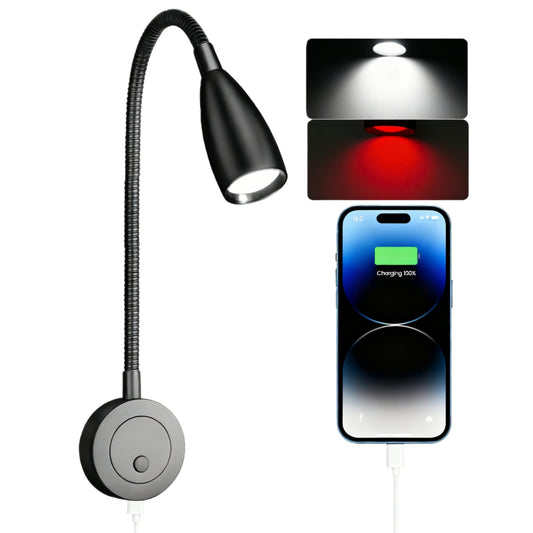 RV Reading Light, 12V LED Reading Light w/USB-C Charge Port, Red Night Light for Reading, Ideal for Camper Van Boat Bedside DC 12-24V Hard-Wired Wall Mount Long