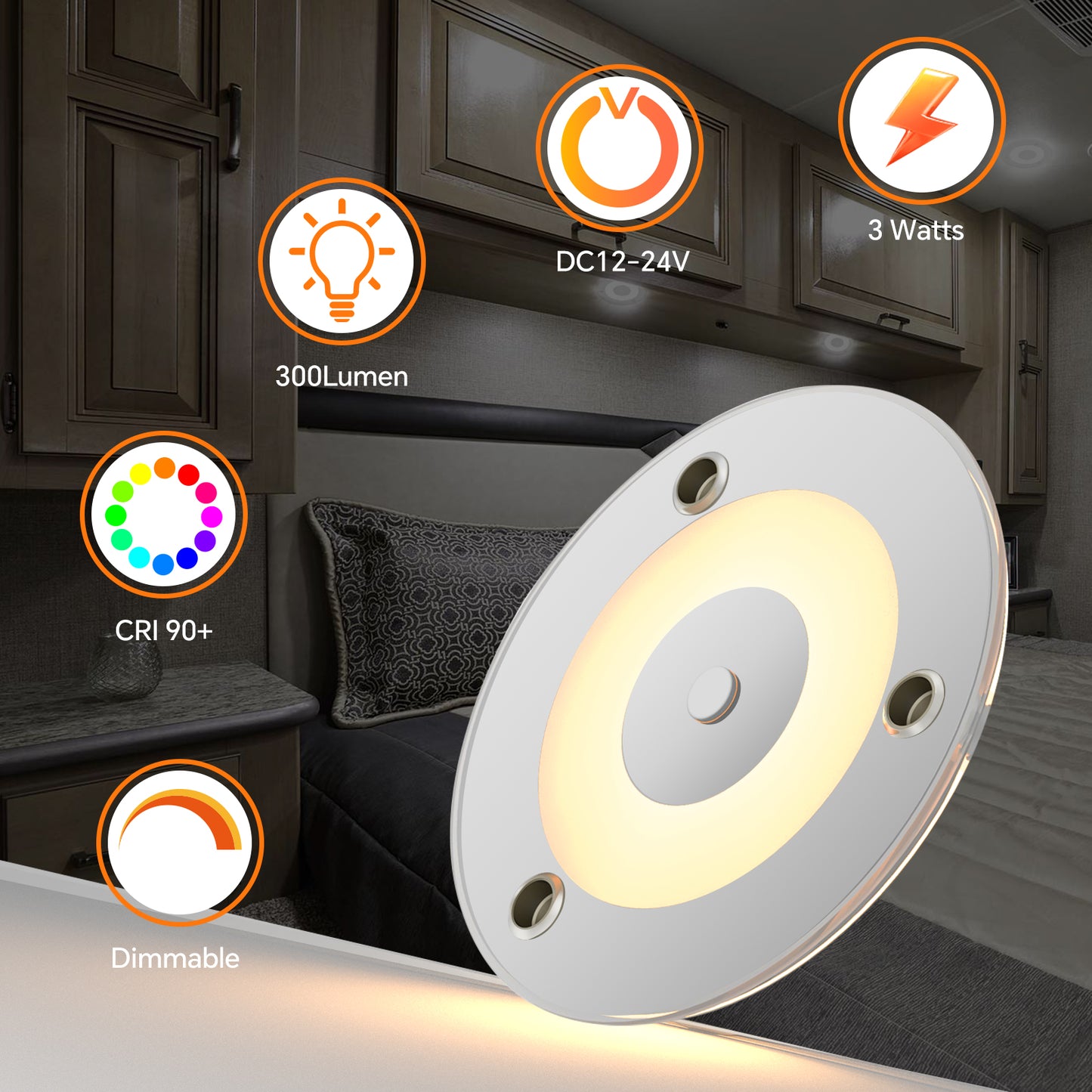 4" RV Boat LED Dome Light 12V Acrylic Interior Light for Motorhome Yachts Trailer Interior Lighting, Built-in Dimmer Switch & Red Nightlight, DC12-24V CRI90+ Surface Mount