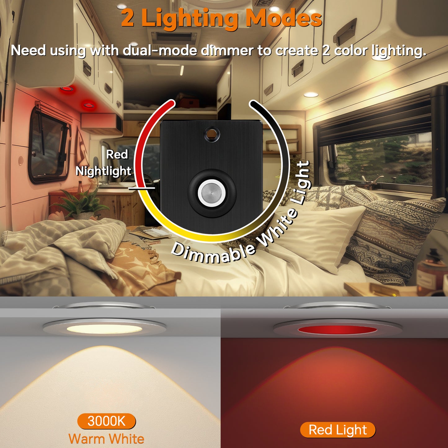 Camperxlite RV 3” Recessed Puck Light, 12V Bi-color LED Downlight for Boat Camper Van Trailer Motorhome, 3W CRI90+ Dual Color(Work with 12V Dual-mode PWM Dimmer)