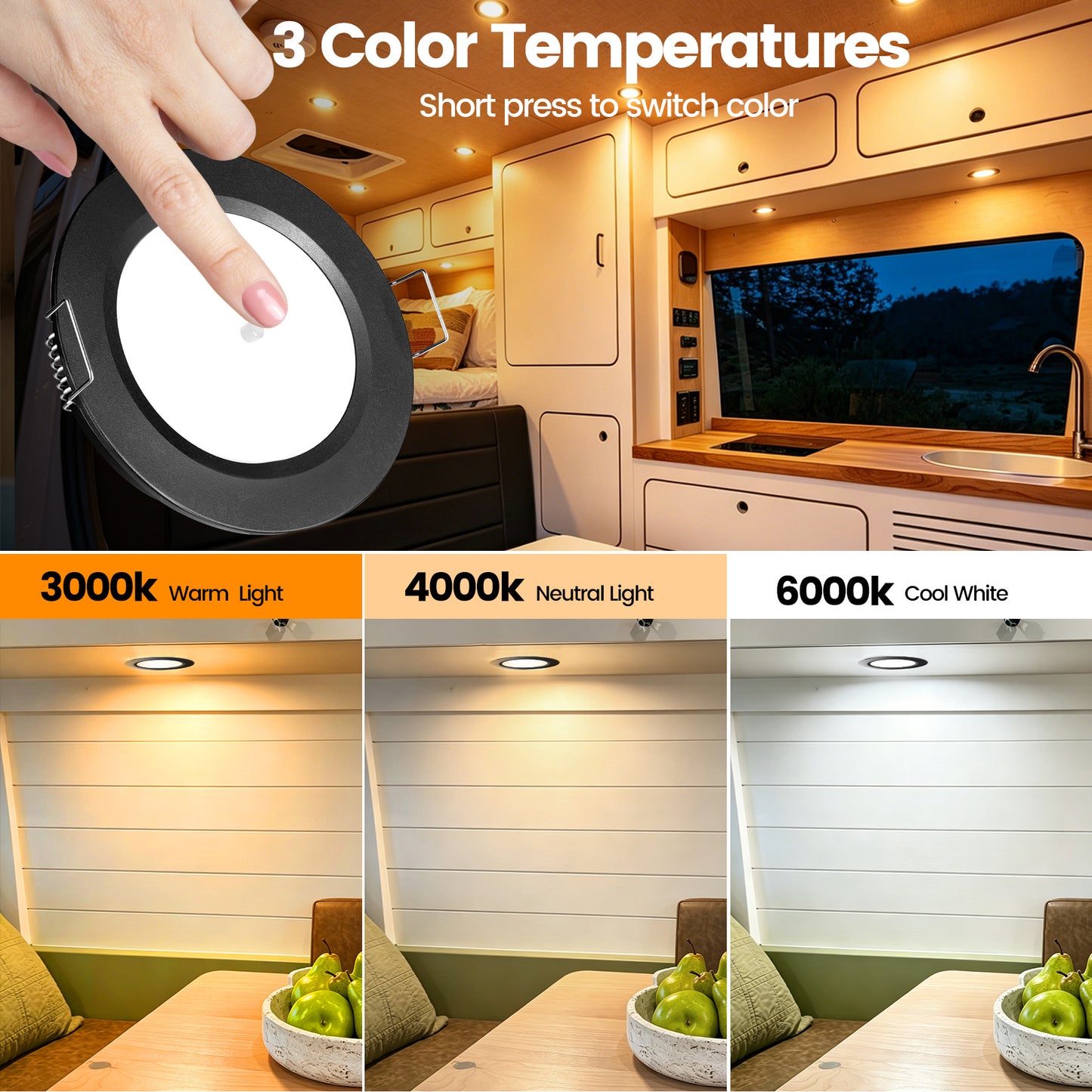 CamperXlite 12V LED Lights, RV Recessed Ceiling Light 76mm 3CCT 3000K/4000K/6000K 3W Full Aluminum
