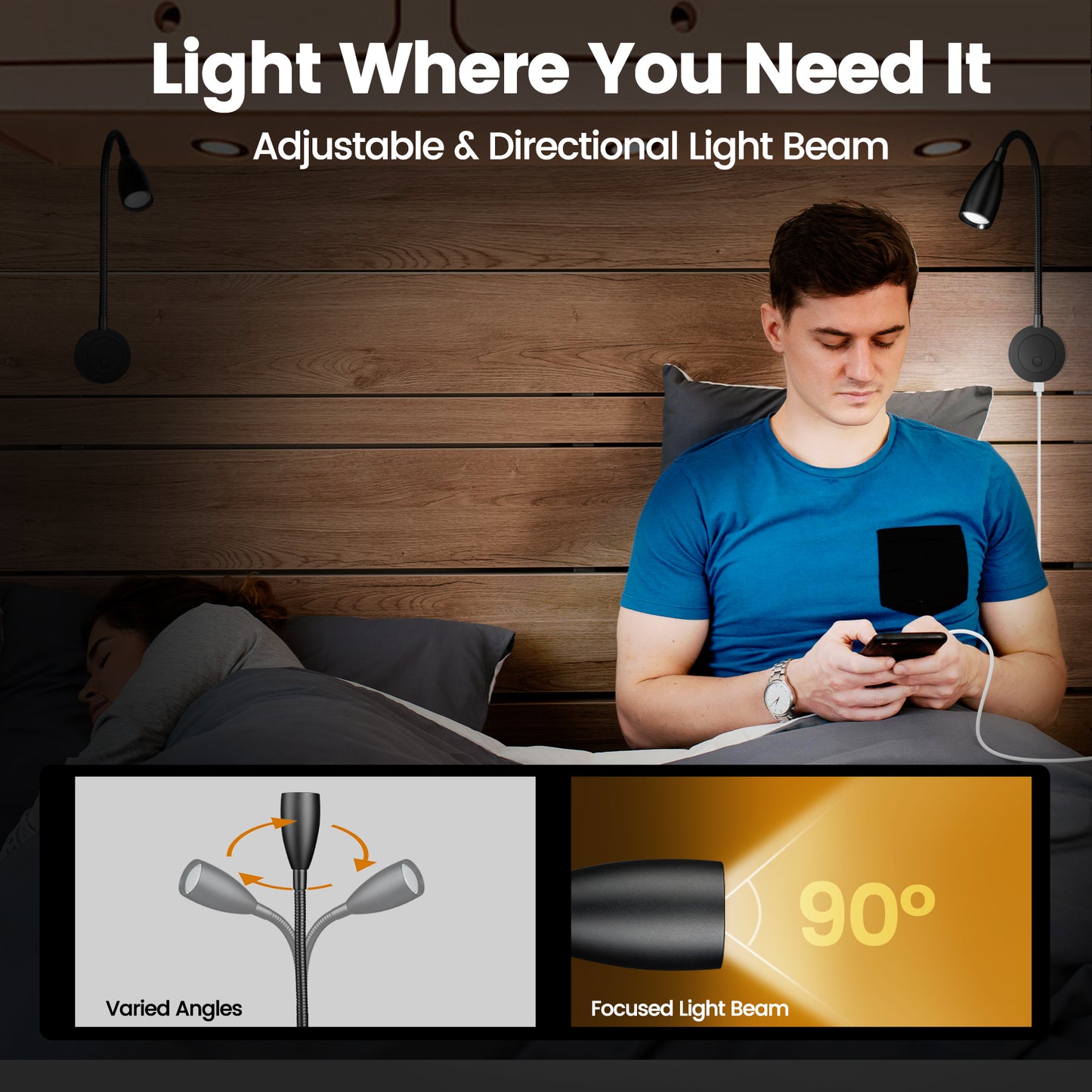 RV Reading Light, 12V LED Reading Light w/USB-C Charge Port, Red Night Light for Reading, Ideal for Camper Van Boat Bedside DC 12-24V Hard-Wired Wall Mount Long