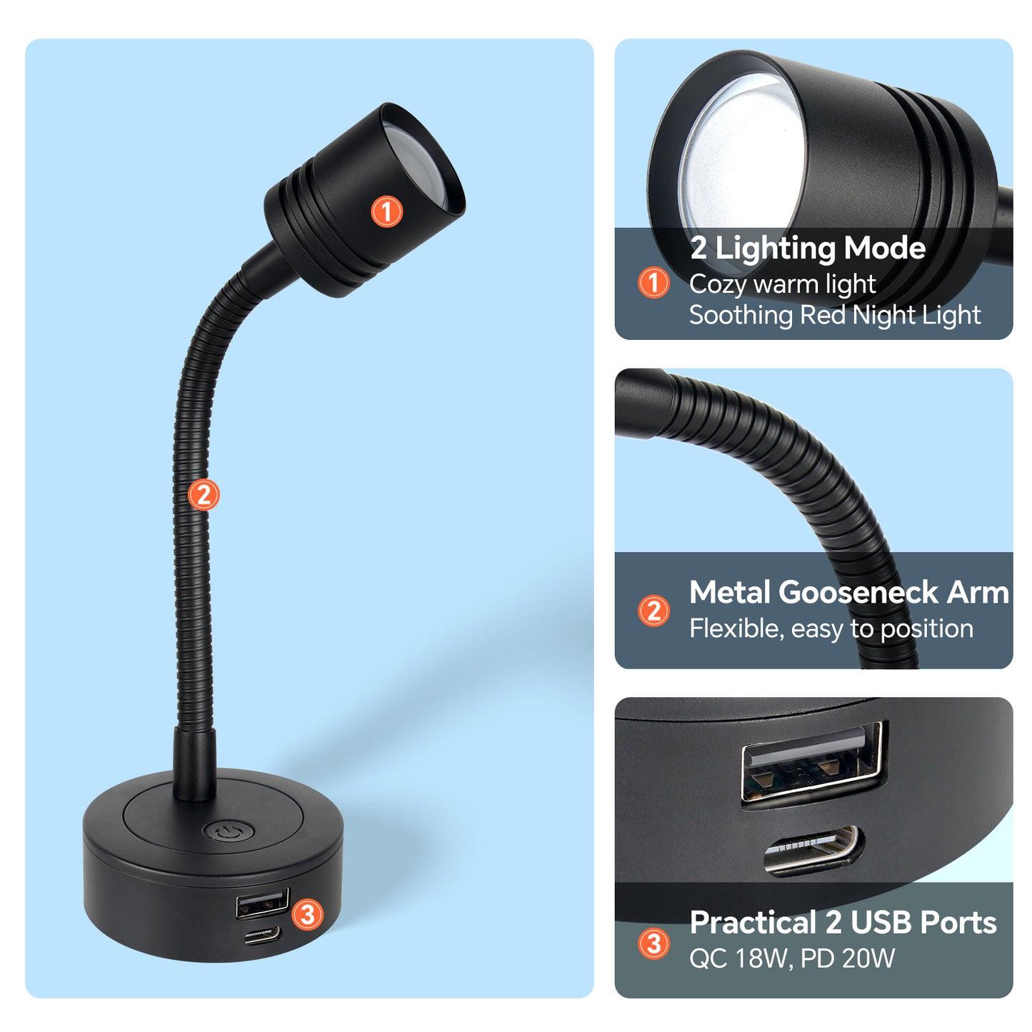 12V Reading Light Campervan, 3200K(Dimmable) & Soft Red Night Light, Equipped USB-A & USB-C Charger Gooseneck