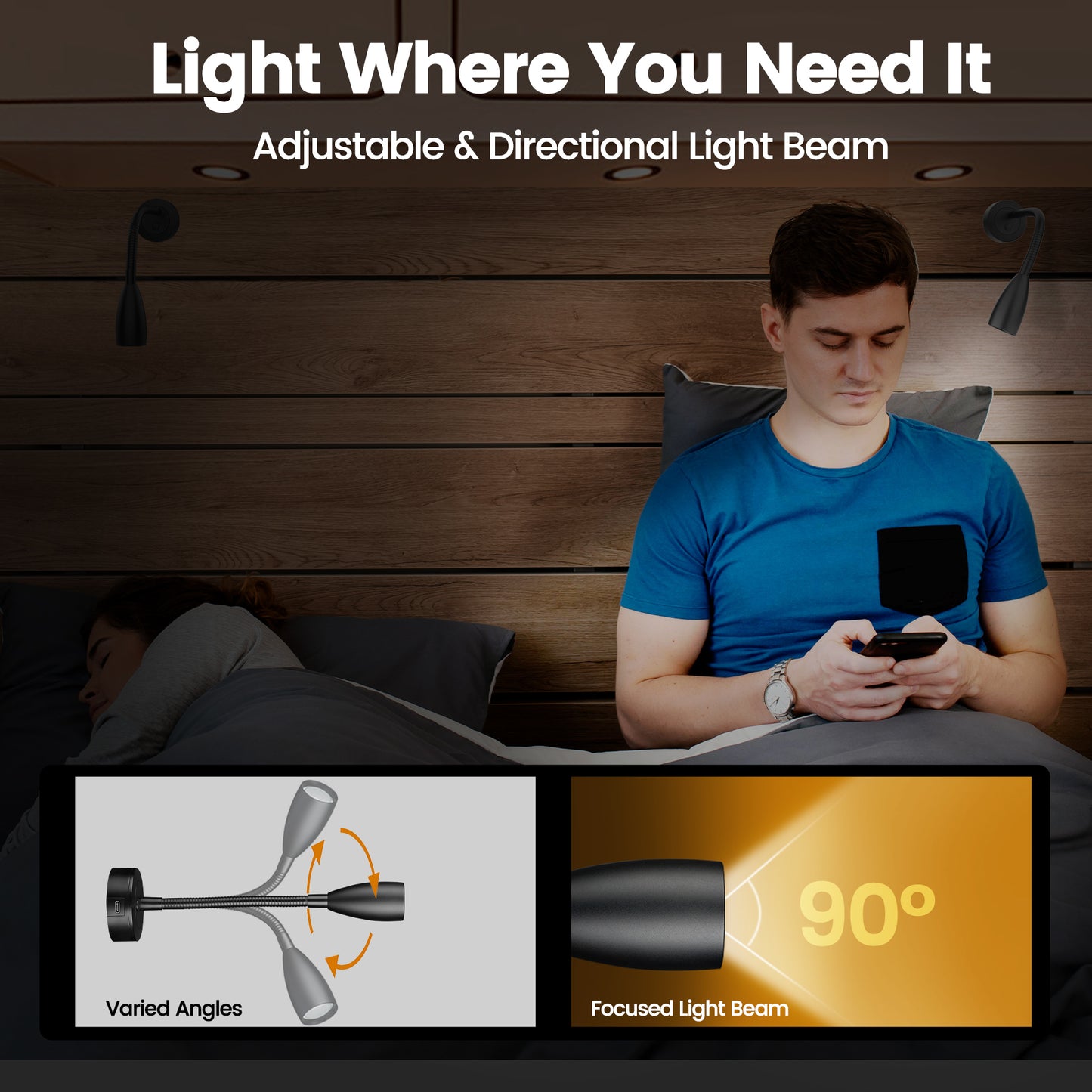 RV Reading Light, 12V LED Reading Light w/USB-C Charge Port, Red Night Light for Reading, Ideal for Camper Van Boat Bedside DC 12-24V Hard-Wired Wall Mount