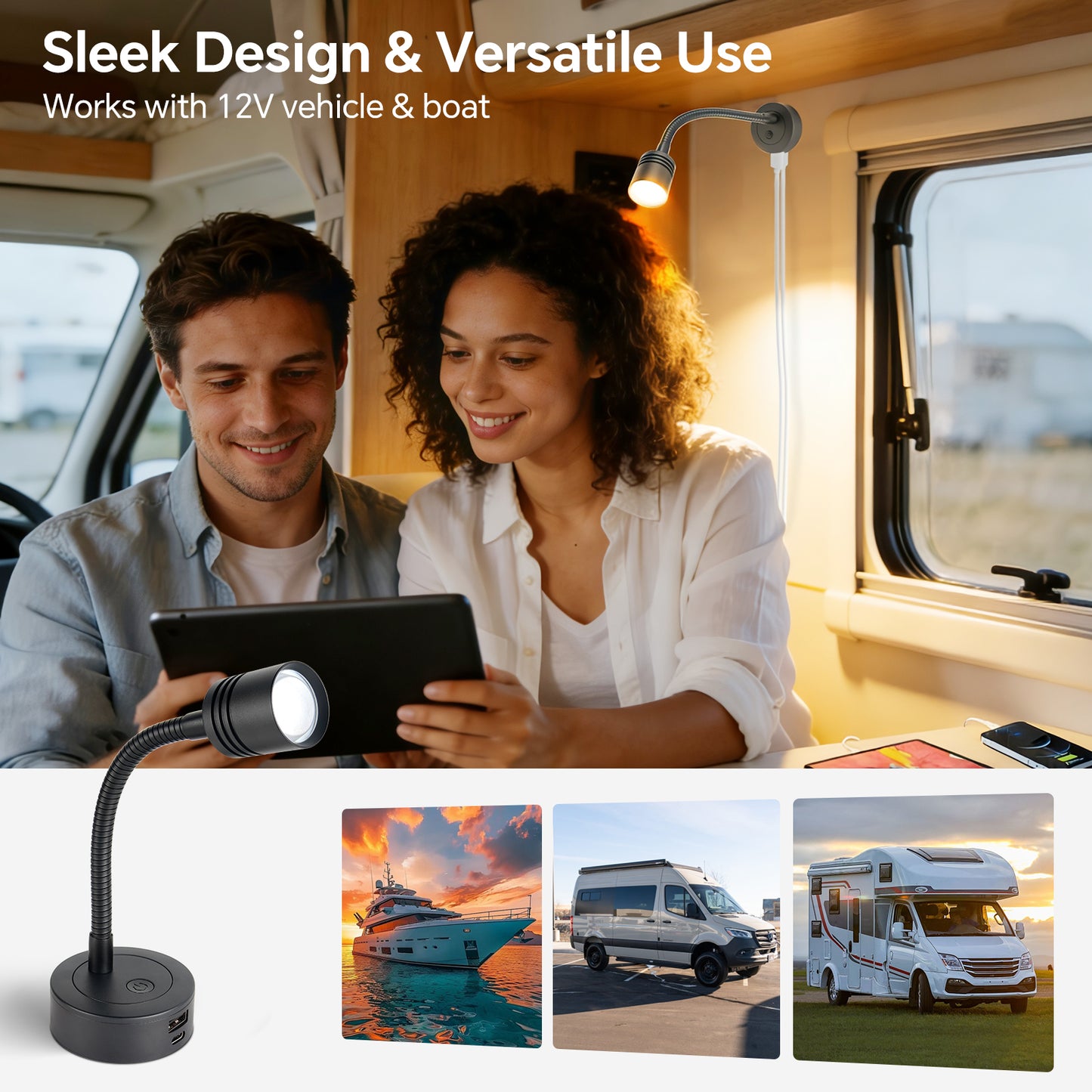 12V Reading Light Campervan, 3200K(Dimmable) & Soft Red Night Light, Equipped USB-A & USB-C Charger Gooseneck