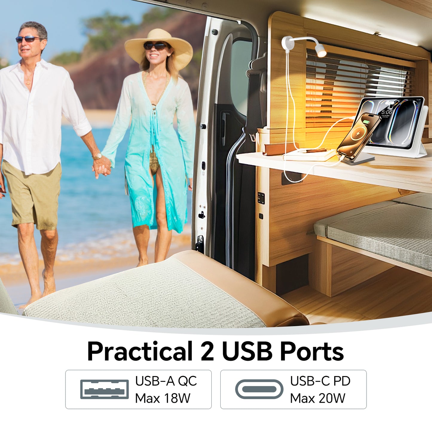 12V Reading Light Campervan, 3200K(Dimmable) & Soft Red Night Light, Equipped USB-A & USB-C Charger
