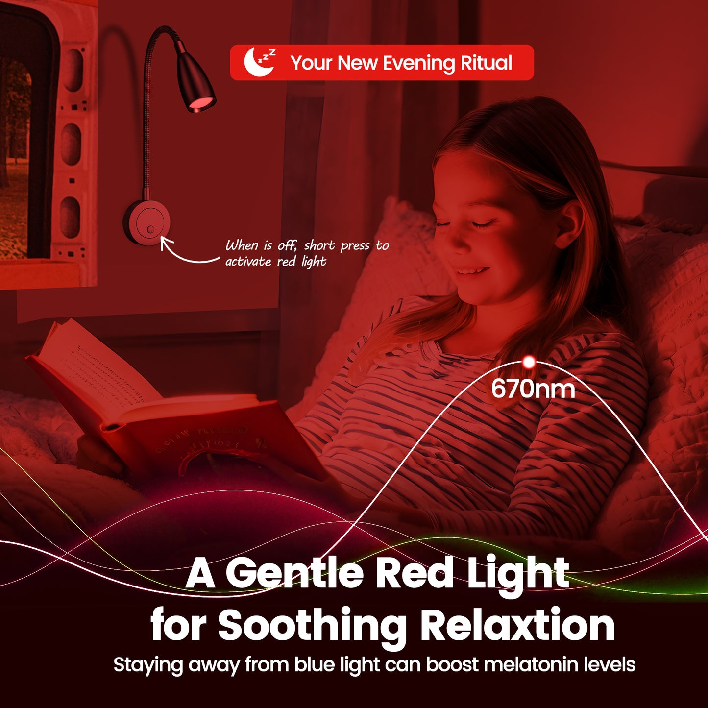 RV Reading Light, 12V LED Reading Light w/USB-C Charge Port, Red Night Light for Reading, Ideal for Camper Van Boat Bedside DC 12-24V Hard-Wired Wall Mount Long