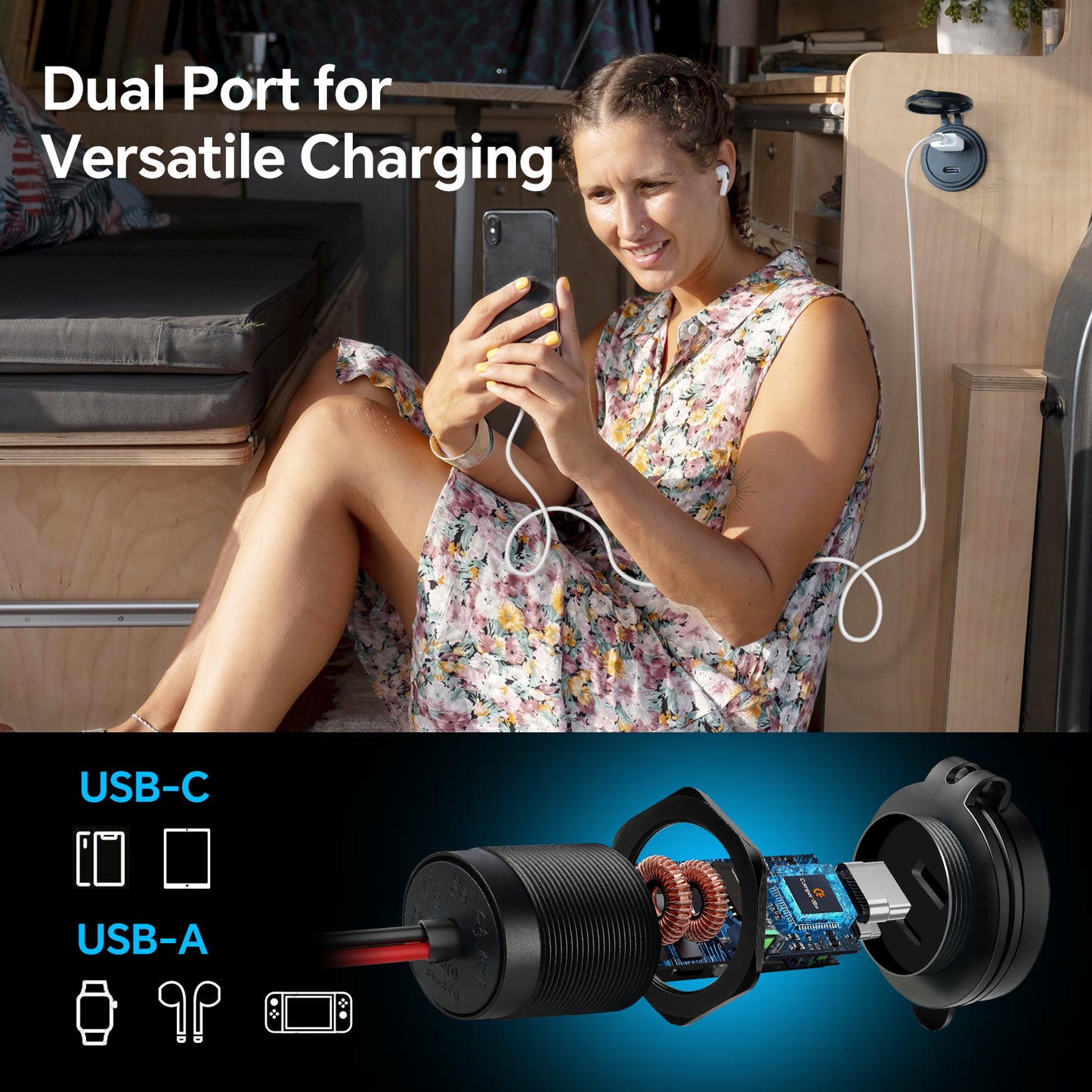 12V USB Outlet Wall Mount Aluminum Charger PD3.0 and QC 3.0 Waterproof Dual Port Fast Charging Socket USB C Cigarette Lighter Replacement for Boat RV Camper Trailer Truck Golf