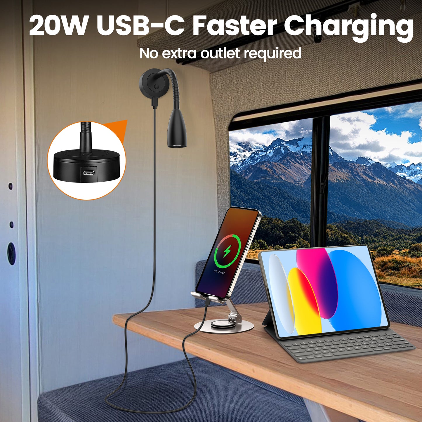 RV Reading Light, 12V LED Reading Light w/USB-C Charge Port, Red Night Light for Reading, Ideal for Camper Van Boat Bedside DC 12-24V Hard-Wired Wall Mount