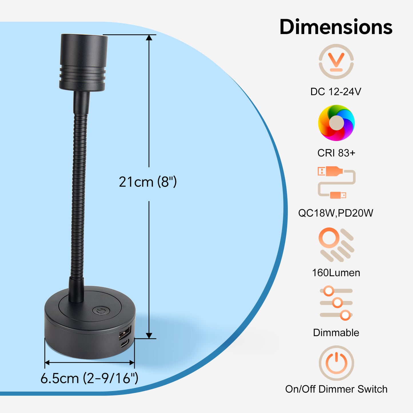12V Reading Light Campervan, 3200K(Dimmable) & Soft Red Night Light, Equipped USB-A & USB-C Charger Gooseneck