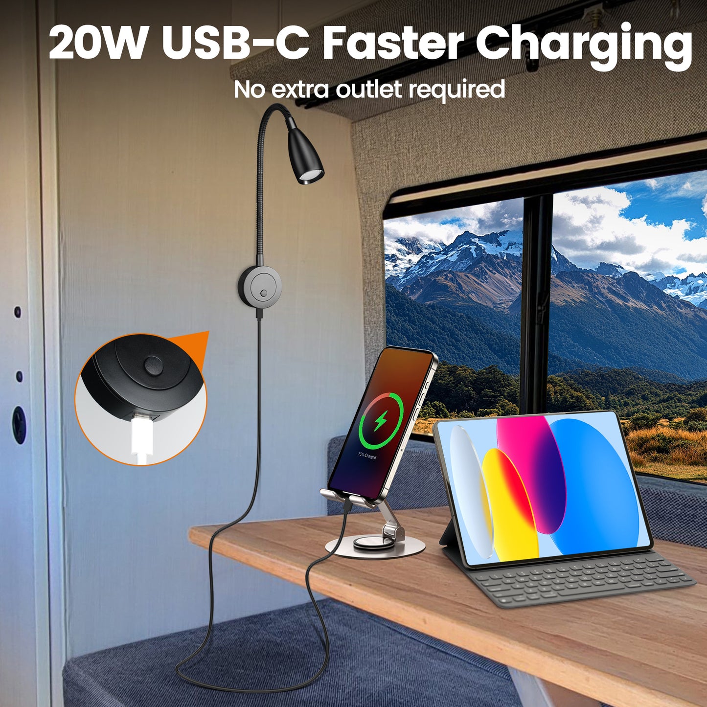 RV Reading Light, 12V LED Reading Light w/USB-C Charge Port, Red Night Light for Reading, Ideal for Camper Van Boat Bedside DC 12-24V Hard-Wired Wall Mount Long