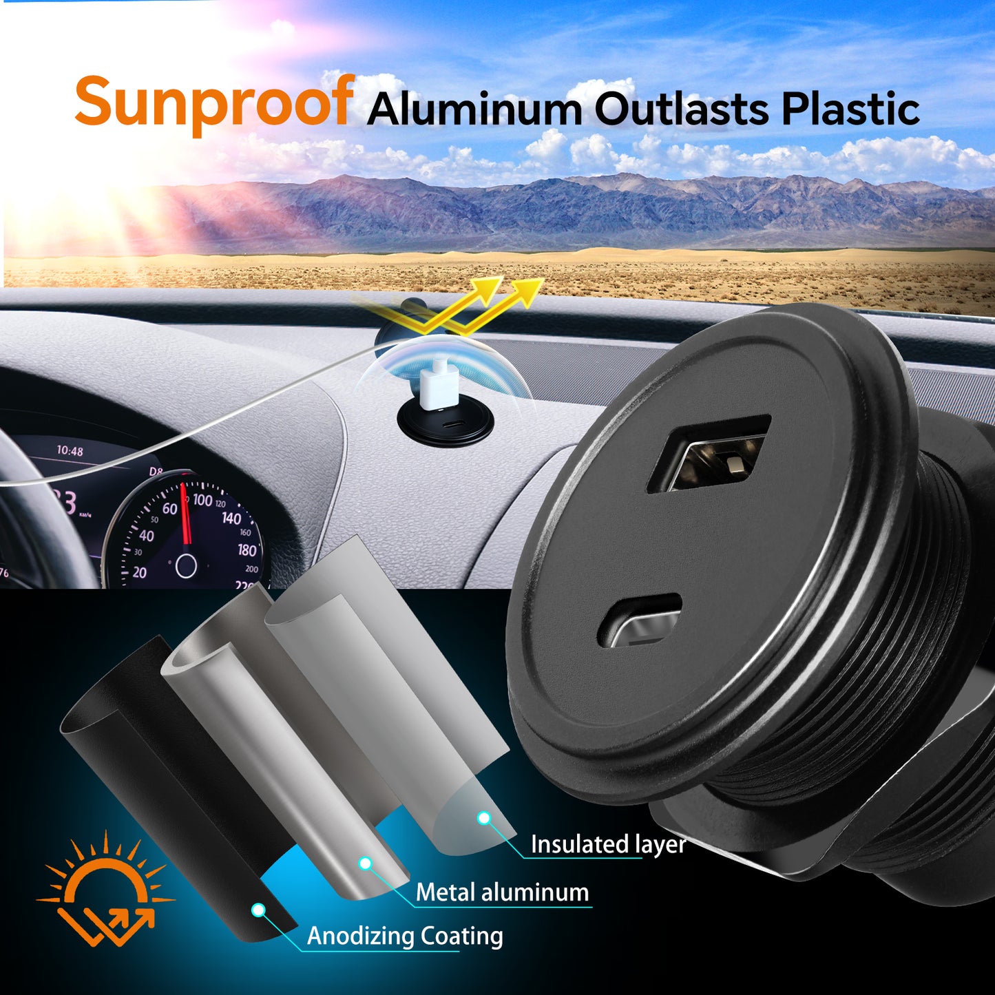 12V USB Outlet Wall Mount Aluminum Charger PD3.0 and QC 3.0 Waterproof Dual Port Fast Charging Socket USB C Cigarette Lighter Replacement for Boat RV Camper Trailer Truck Golf