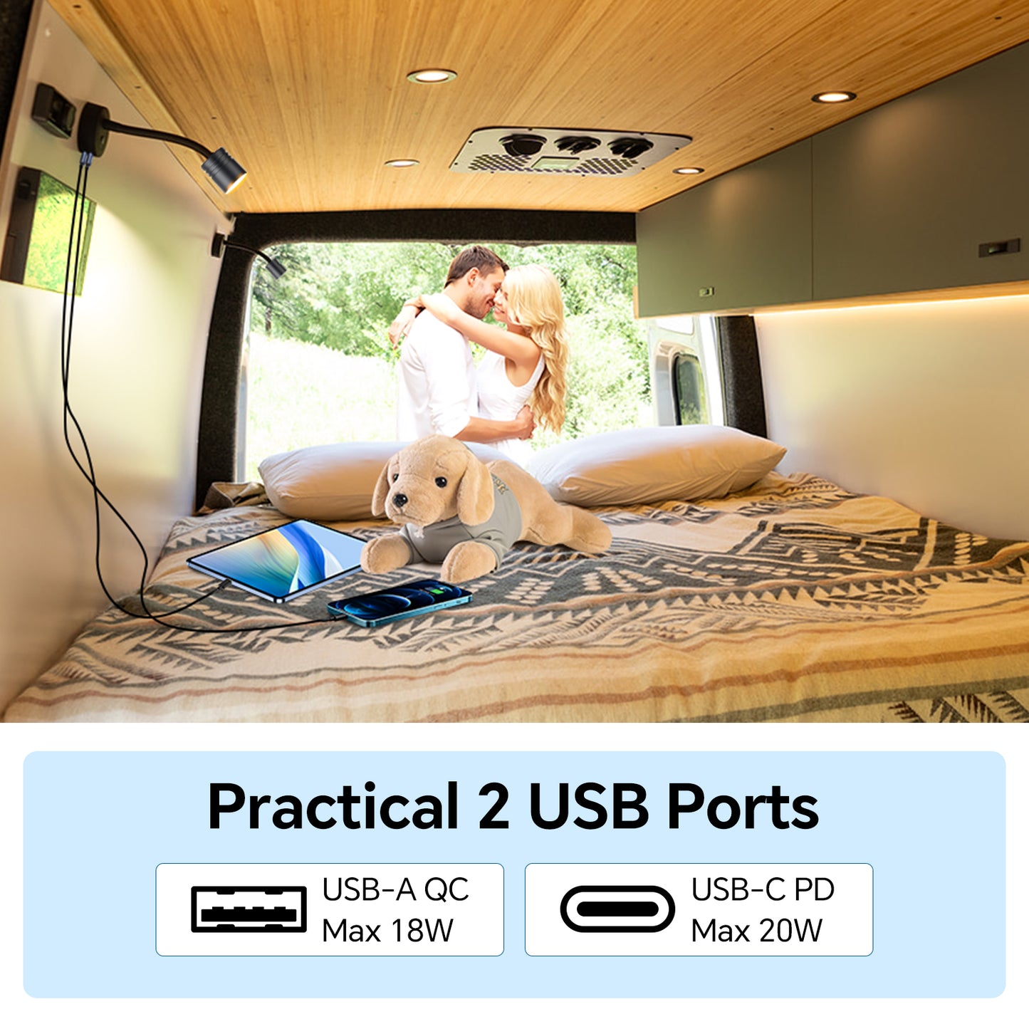 12V Reading Light Campervan, 3200K(Dimmable) & Soft Red Night Light, Equipped USB-A & USB-C Charger Gooseneck