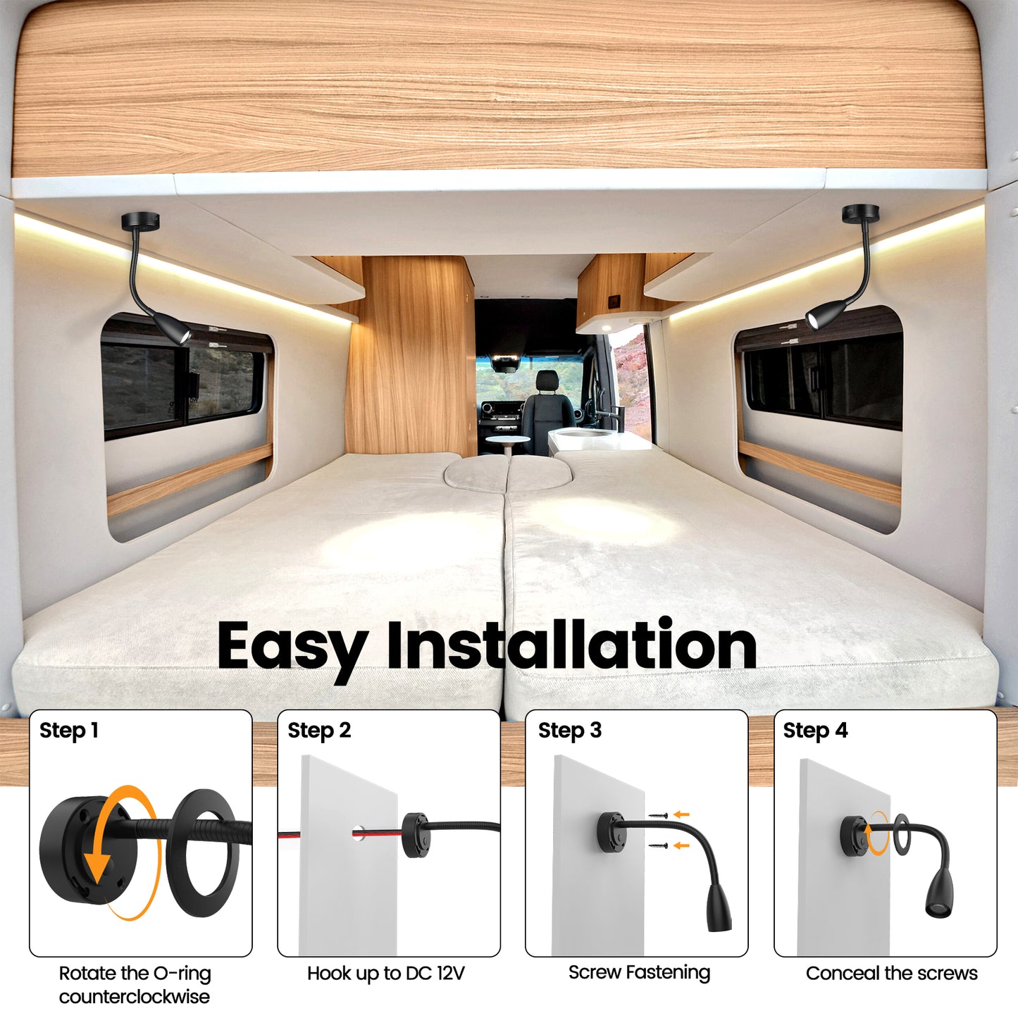 RV Reading Light, 12V LED Reading Light w/USB-C Charge Port, Red Night Light for Reading, Ideal for Camper Van Boat Bedside DC 12-24V Hard-Wired Wall Mount