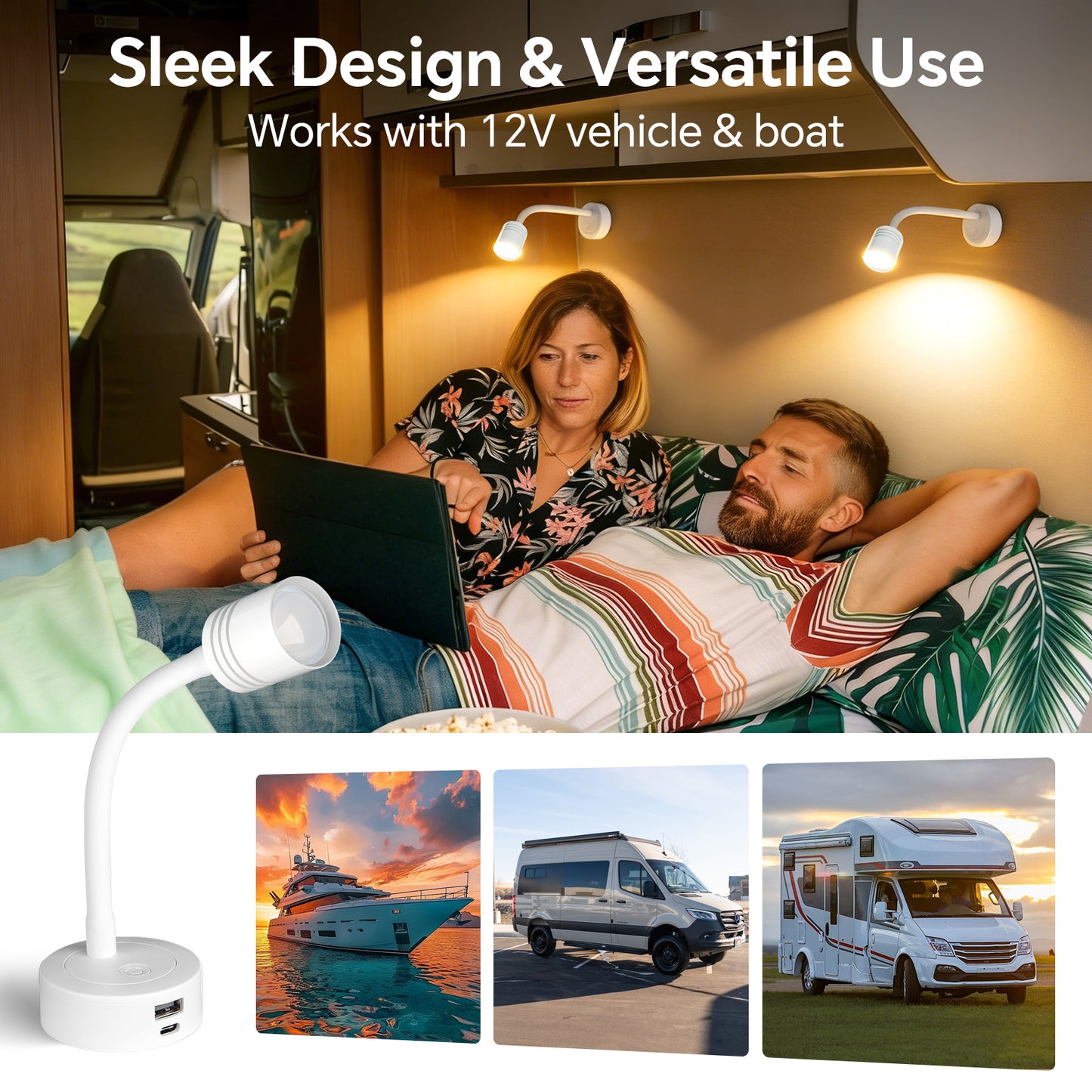 12V Reading Light Campervan, 3200K(Dimmable) & Soft Red Night Light, Equipped USB-A & USB-C Charger