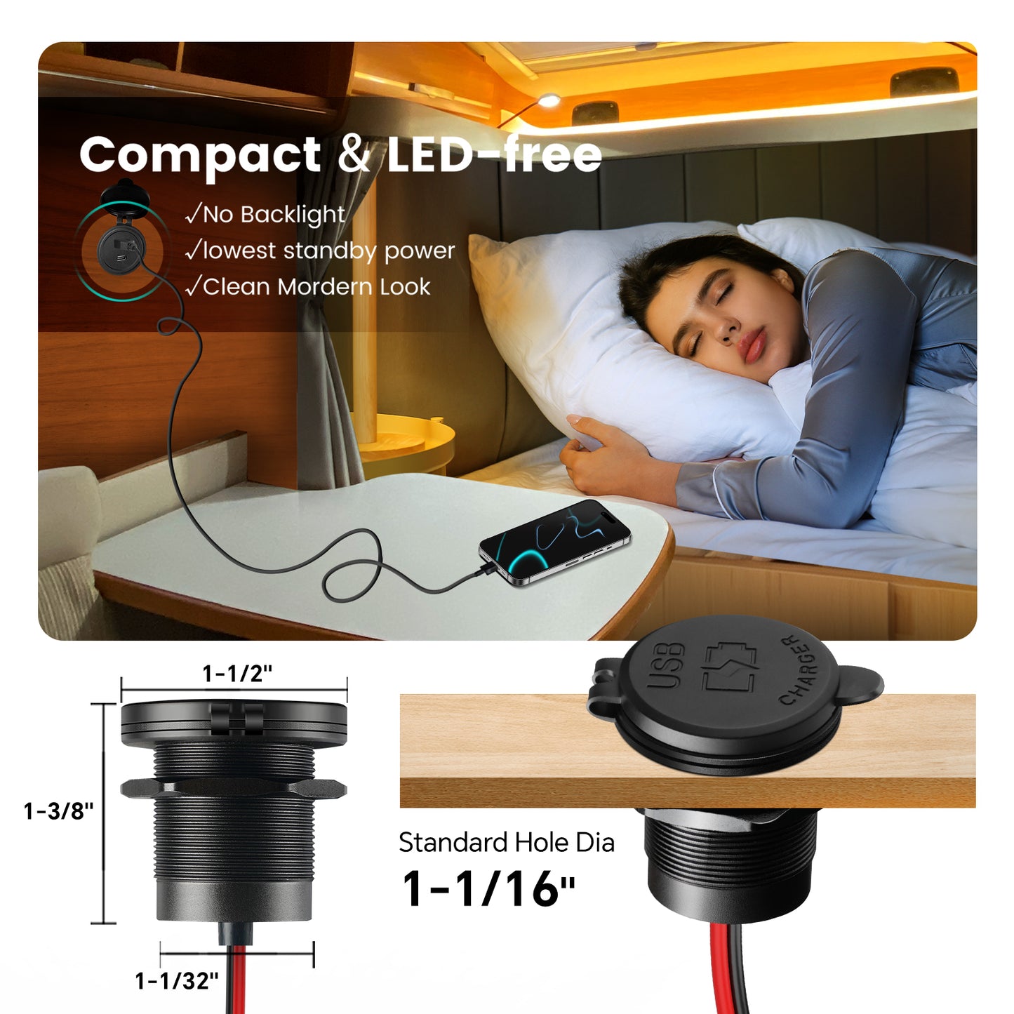 12V USB Outlet Wall Mount Aluminum Charger PD3.0 and QC 3.0 Waterproof Dual Port Fast Charging Socket USB C Cigarette Lighter Replacement for Boat RV Camper Trailer Truck Golf