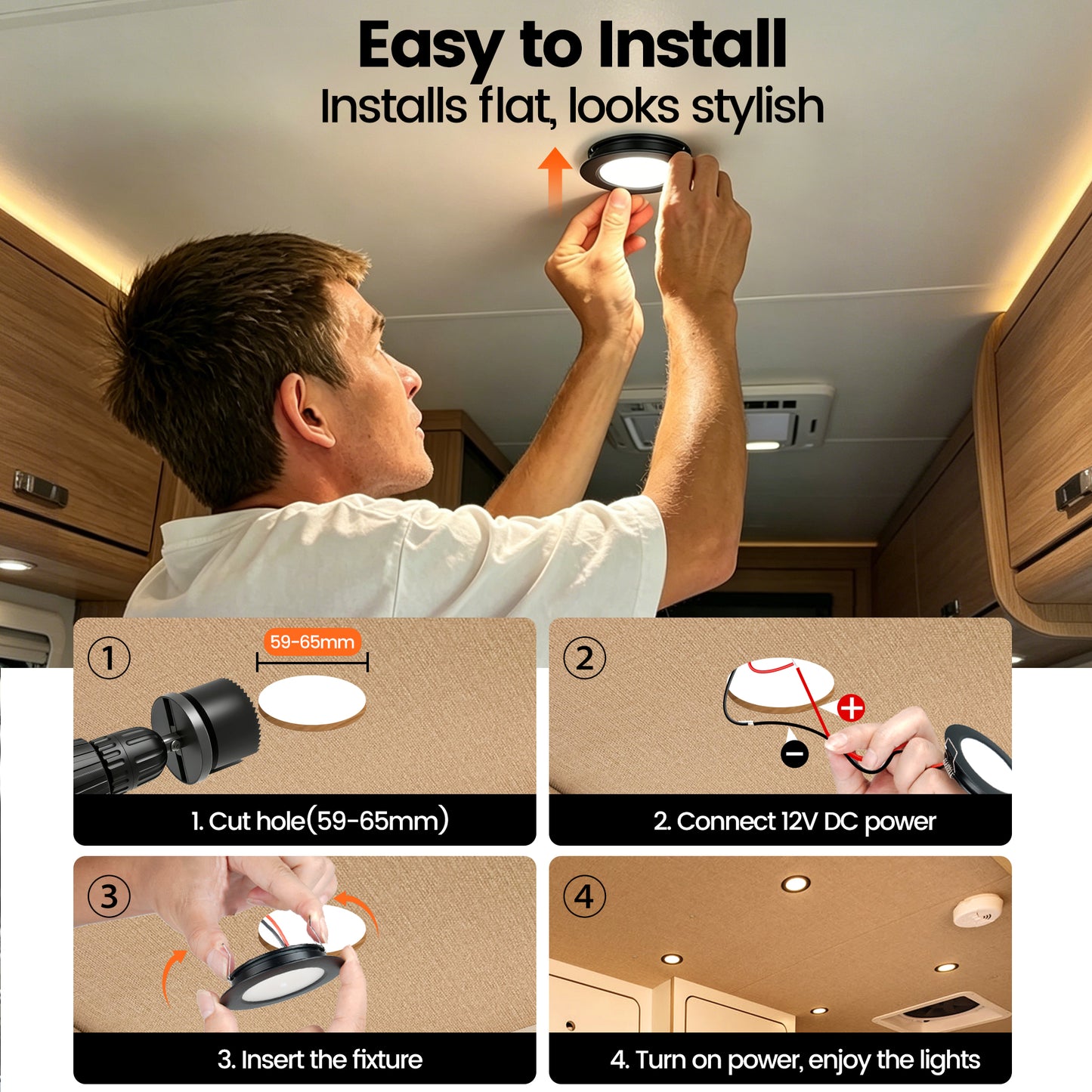CamperXlite 12V LED Lights, RV Recessed Ceiling Light 76mm 3CCT 3000K/4000K/6000K 3W Full Aluminum