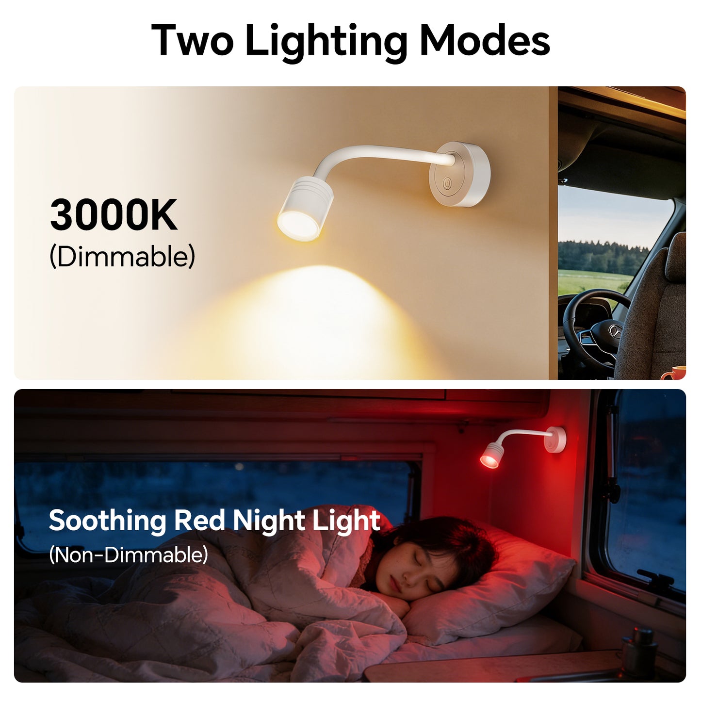 12V Reading Light Campervan, 3200K(Dimmable) & Soft Red Night Light, Equipped USB-A & USB-C Charger