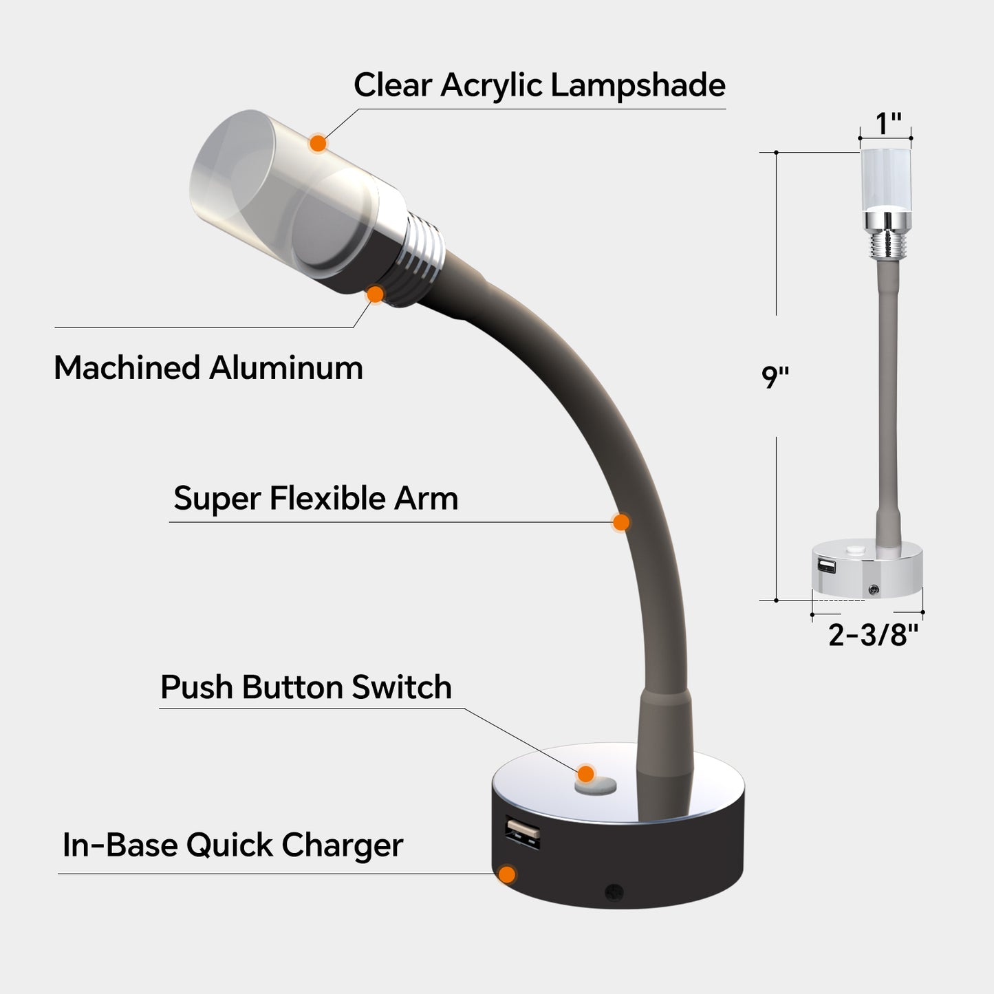 CamperXlite RV Flexible Reading Light, 12V Bedside Wall Lamp for Motorhome Camper Van Travel Trailer Truck Boat, Inbuilt USB Charger & Dimmable LED, DC12-24V Hard-wired
