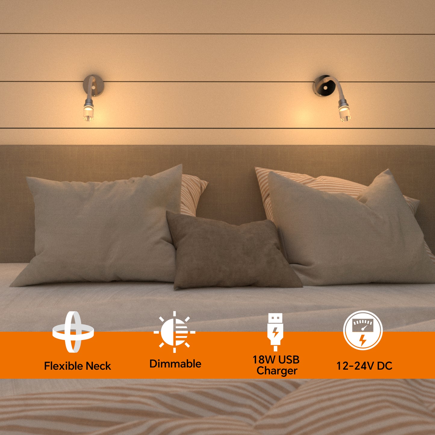 CamperXlite RV Flexible Reading Light, 12V Bedside Wall Lamp for Motorhome Camper Van Travel Trailer Truck Boat, Inbuilt USB Charger & Dimmable LED, DC12-24V Hard-wired