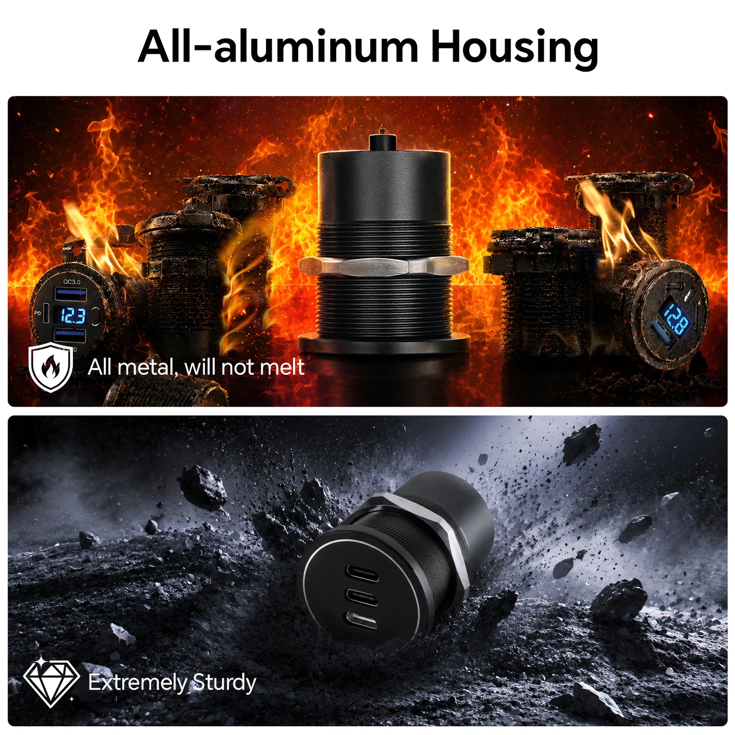 CamperXlite USB C Socket 12V Aluminum 3-Port 74W, 27W PD 20W PD for RV Boat Car