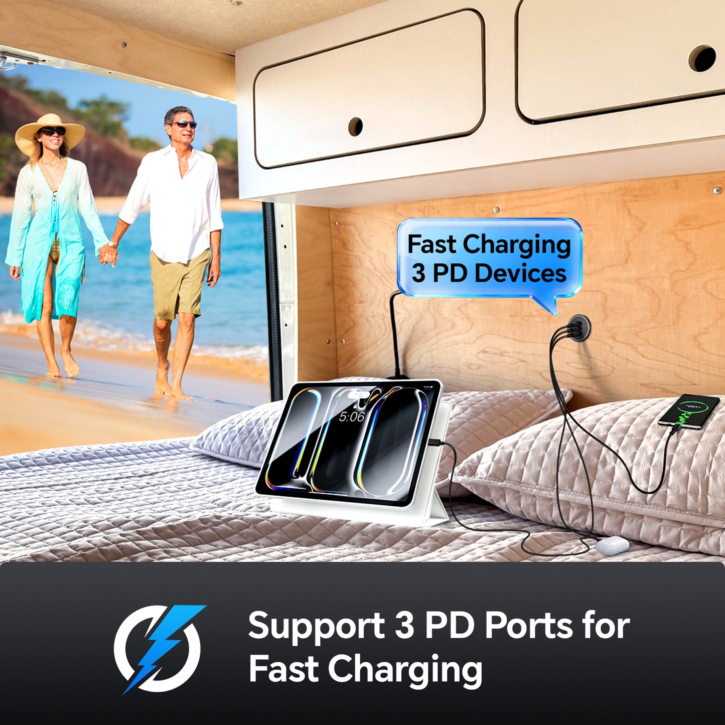 CamperXlite USB C Socket 12V Aluminum 3-Port 74W, 27W PD 20W PD for RV Boat Car