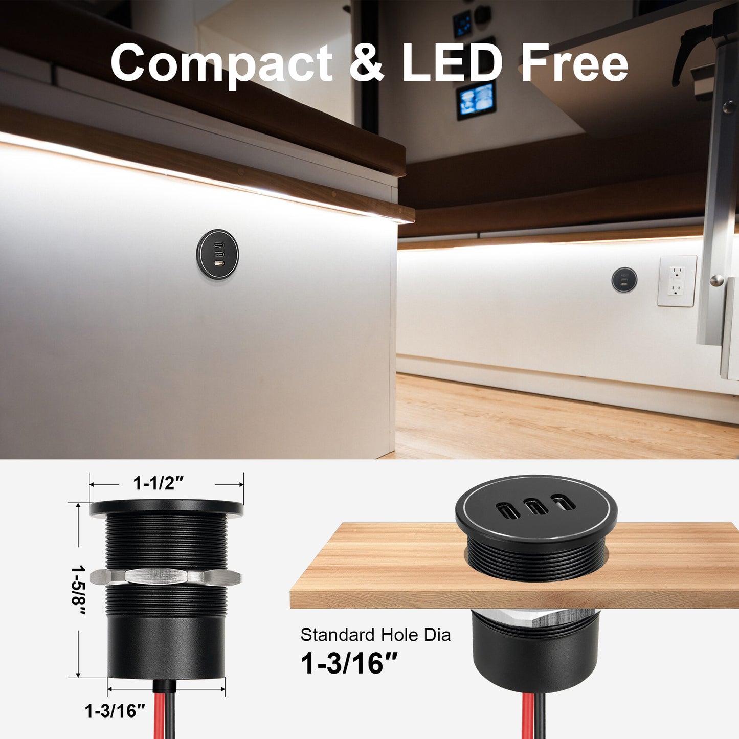 CamperXlite USB C Socket 12V Aluminum 3-Port 74W, 27W PD 20W PD for RV Boat Car